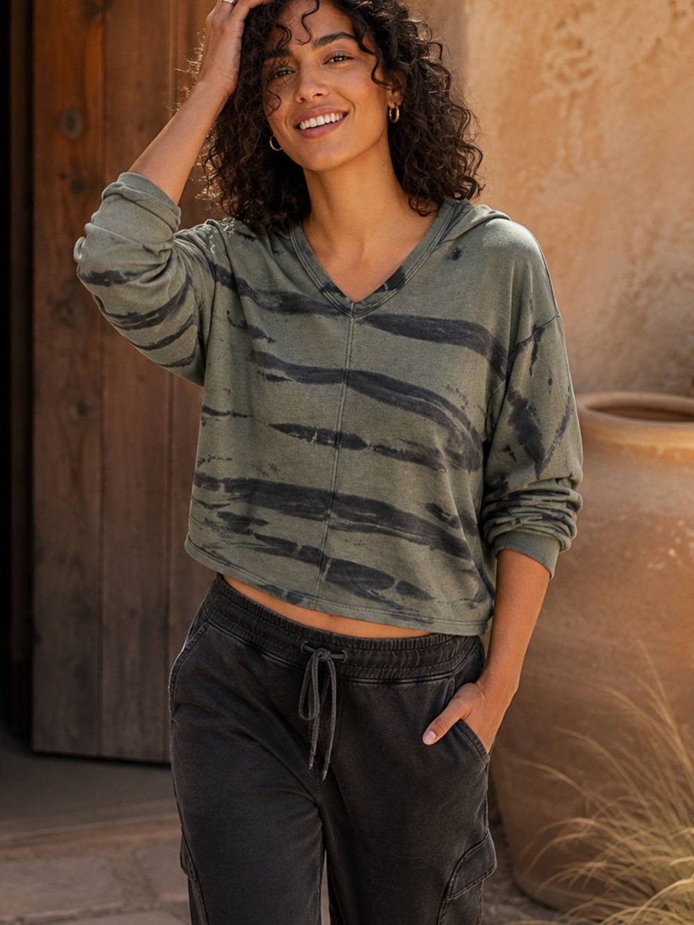 FP Movement Free People Cropped Tie Dye Hoodie Sage Green Navy Small NWOT